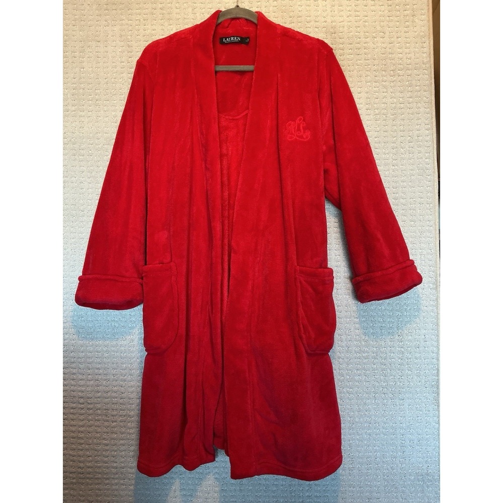 Lauren Ralph Lauren RED FUZZY Plush Robe Bathrobe Monogram Women L Belted